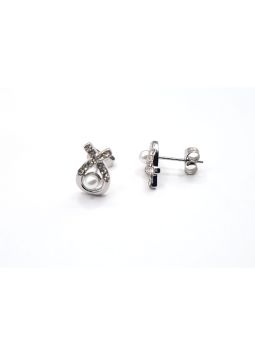Boucles d’Oreilles en Acier Inoxydable Argenté Nœud avec Perle et Zircon – Élégance Raffinée et Finesse