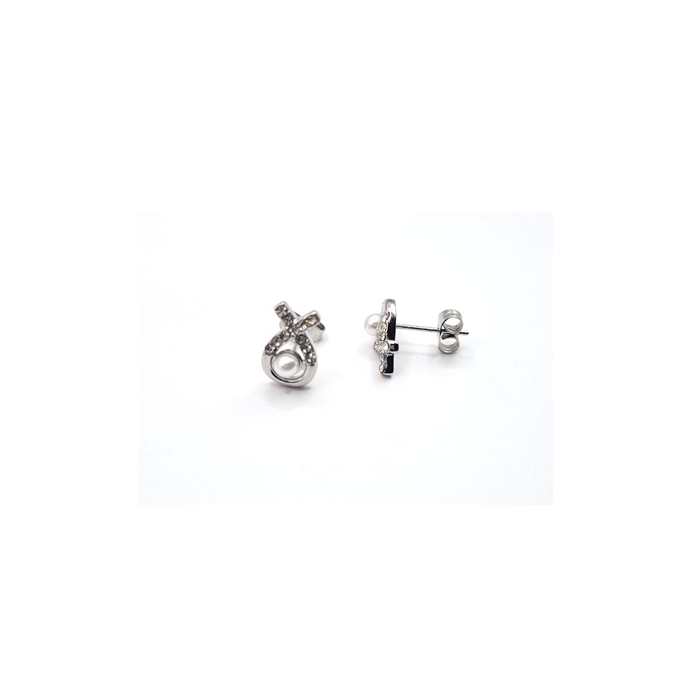 Boucles d’Oreilles en Acier Inoxydable Argenté Nœud avec Perle et Zircon – Élégance Raffinée et Finesse