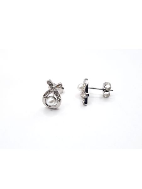 Boucles d’Oreilles en Acier Inoxydable Argenté Nœud avec Perle et Zircon – Élégance Raffinée et Finesse