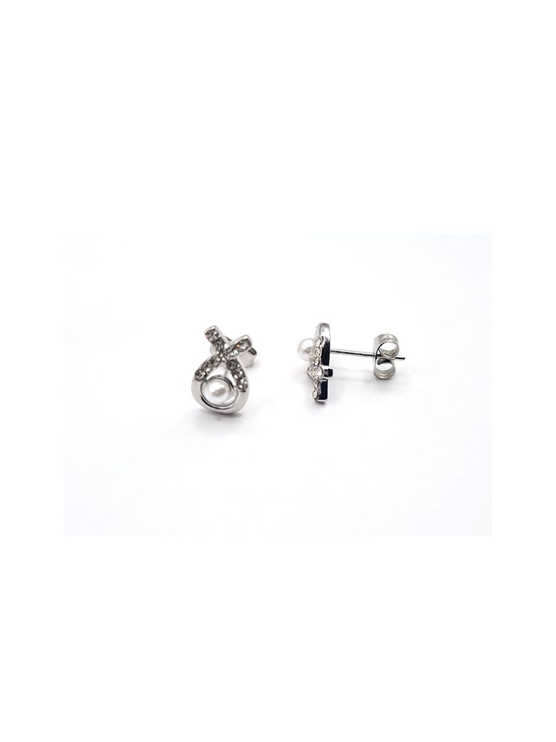 Boucles d’Oreilles en Acier Inoxydable Argenté Nœud avec Perle et Zircon – Élégance Raffinée et Finesse