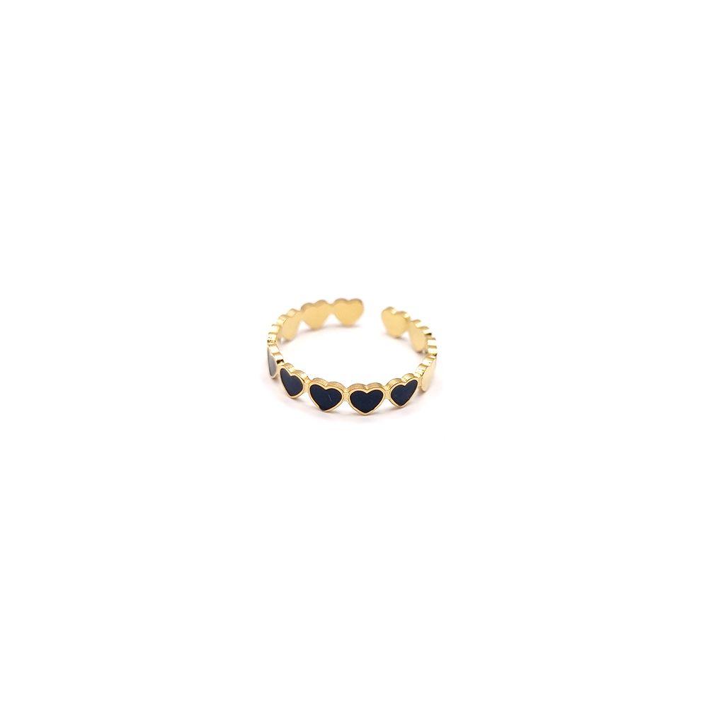 Bague en Acier Inoxydable Doré Motif Cœurs Émaillés Noirs – Élégance et Romance