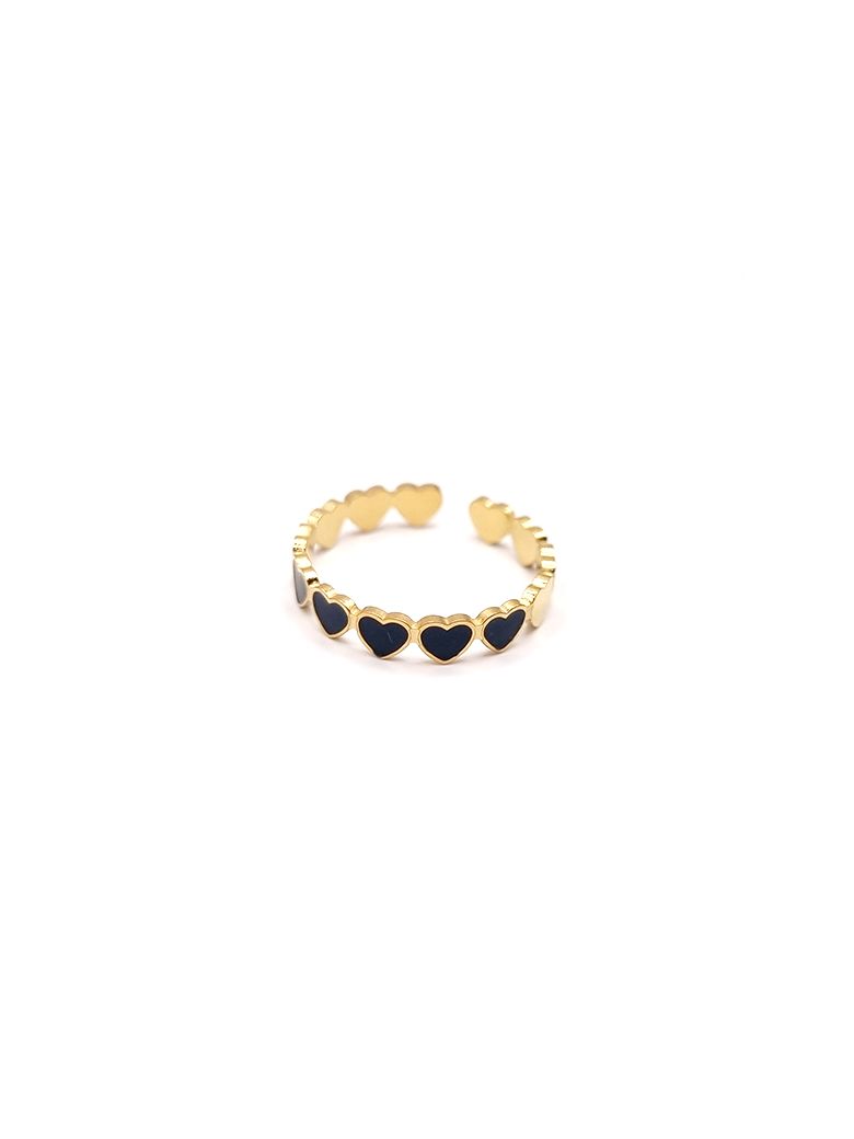 Bague en Acier Inoxydable Doré Motif Cœurs Émaillés Noirs – Élégance et Romance