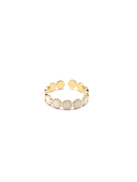 Bague en Acier Inoxydable Doré Motif Rond Émaillé Blanc – Élégance Minimaliste