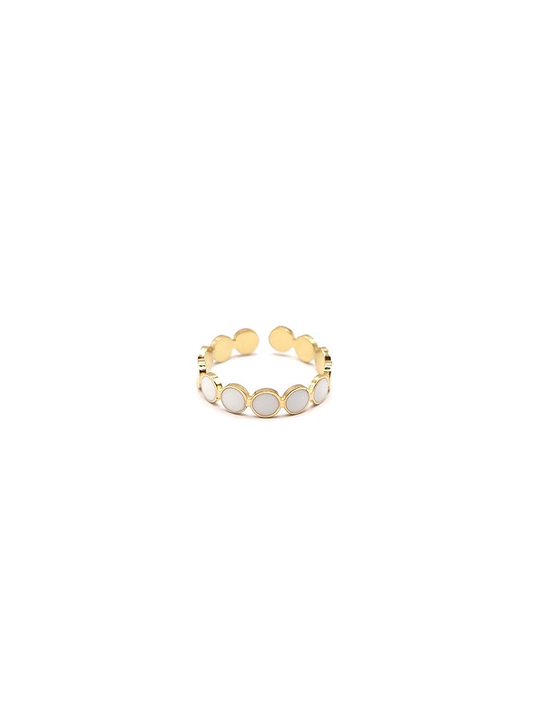 Bague en Acier Inoxydable Doré Motif Rond Émaillé Blanc – Élégance Minimaliste