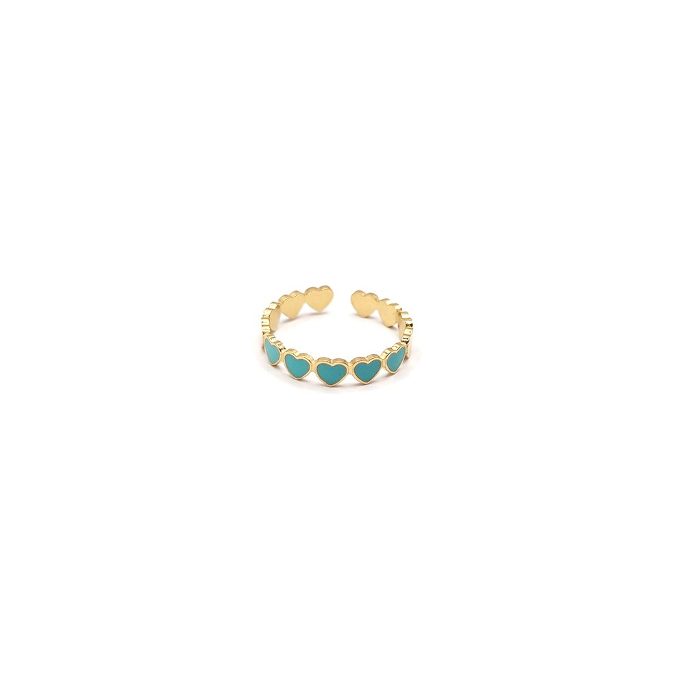 Bague en Acier Inoxydable Doré Motif Cœurs Émaillés Turquoise – Élégance et Fraîcheur