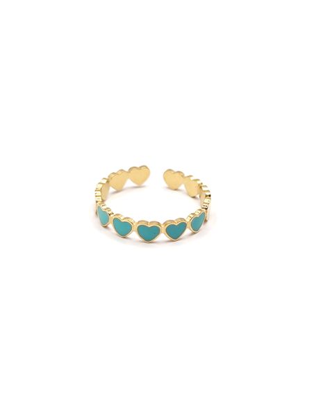 Bague en Acier Inoxydable Doré Motif Cœurs Émaillés Turquoise – Élégance et Fraîcheur