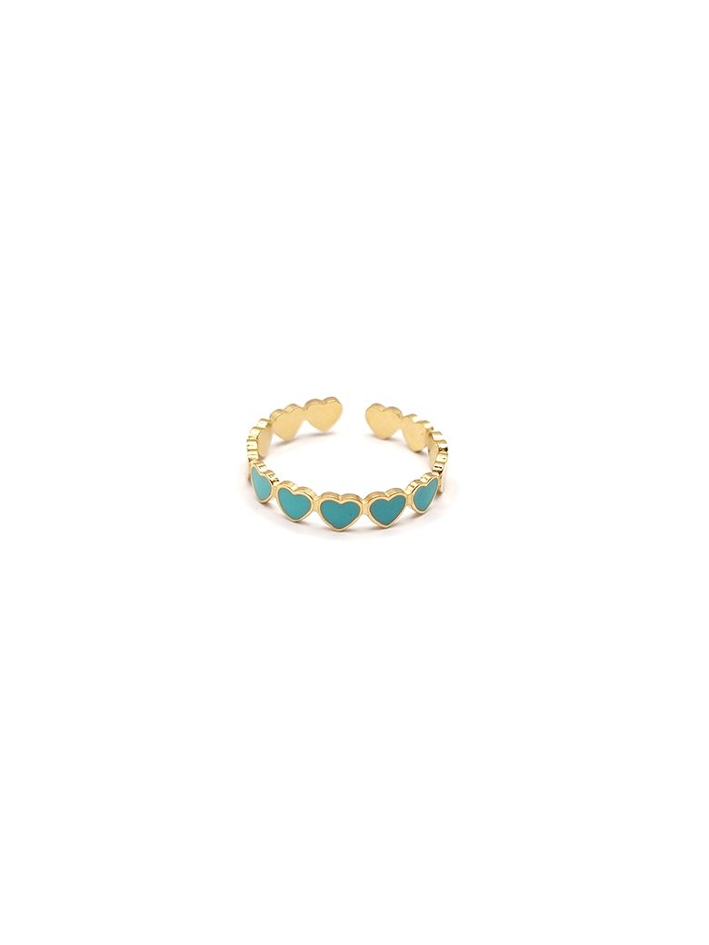 Bague en Acier Inoxydable Doré Motif Cœurs Émaillés Turquoise – Élégance et Fraîcheur