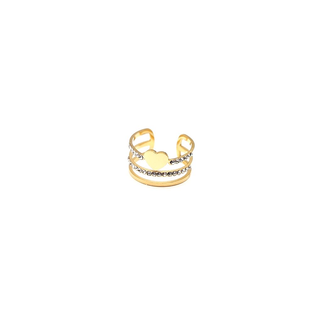 Bague en Acier Inoxydable Doré Motif Cœur et Zircons – Élégance Romantique