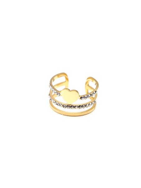 Bague en Acier Inoxydable Doré Motif Cœur et Zircons – Élégance Romantique