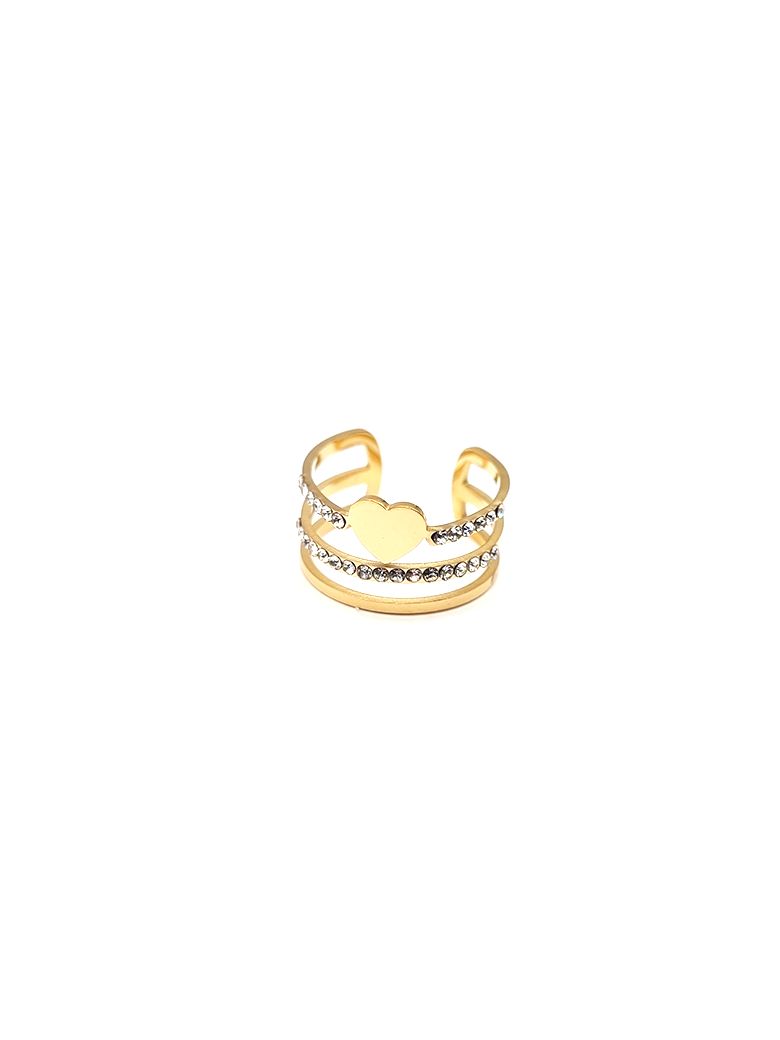Bague en Acier Inoxydable Doré Motif Cœur et Zircons – Élégance Romantique