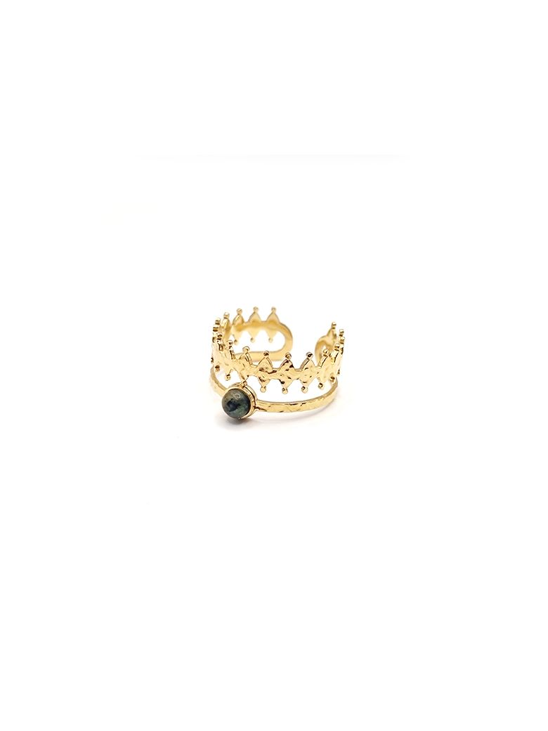 Bague Couronne en Acier Inoxydable Doré avec Pierre Naturelle – Élégance Royale