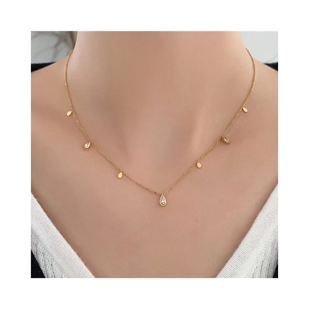 Collier en Acier Inoxydable Doré avec Gouttelettes et Zircon