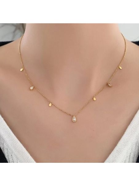 Collier en Acier Inoxydable Doré avec Gouttelettes et Zircon