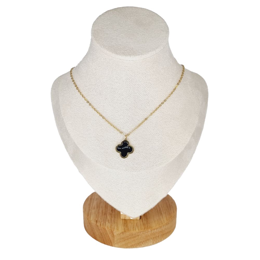 Collier en Acier Inoxydable Doré avec Pendentif Fleur Émaillée Noire