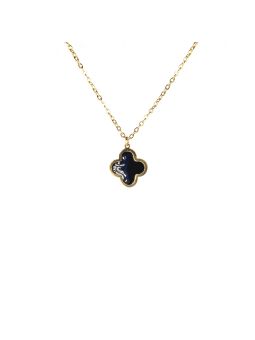 Collier en Acier Inoxydable Doré avec Pendentif Fleur Émaillée Noire