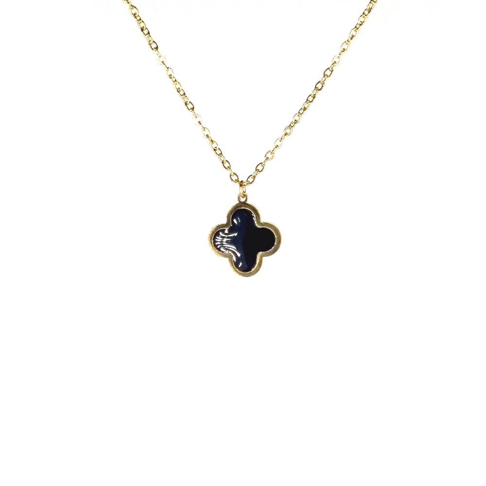 Collier en Acier Inoxydable Doré avec Pendentif Fleur Émaillée Noire
