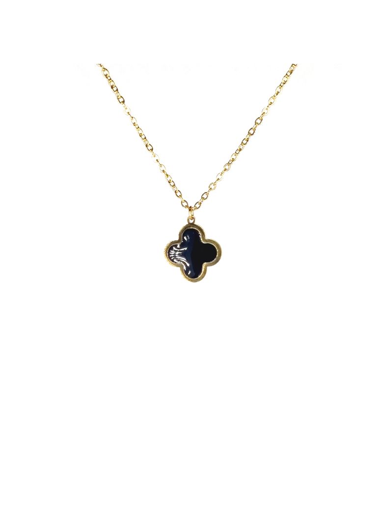 Collier en Acier Inoxydable Doré avec Pendentif Fleur Émaillée Noire