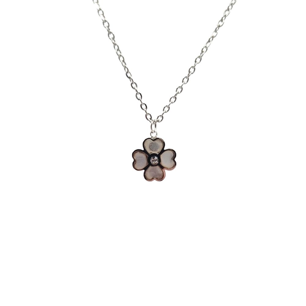 Collier en Acier Inoxydable Argenté avec Pendentif Fleur en Nacre