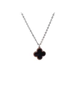 Collier en Acier Inoxydable Argenté avec Pendentif Fleur Émaillée Noire