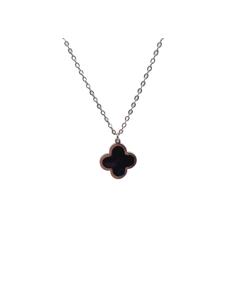 Collier en Acier Inoxydable Argenté avec Pendentif Fleur Émaillée Noire