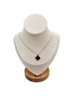 Collier en Acier Inoxydable Argenté avec Pendentif Fleur Émaillée Noire