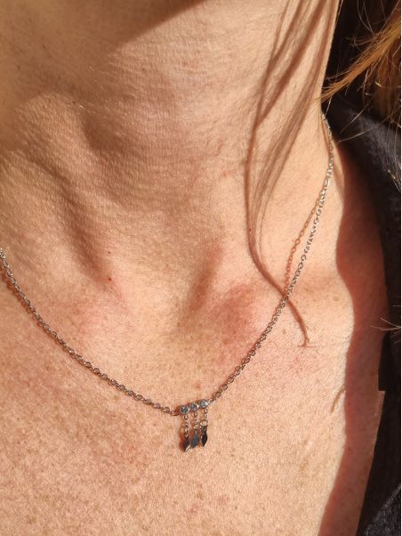 copy of  Collier en Acier Inoxydable Argenté avec Pendentifs Cristal et Feuilles