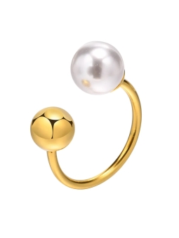 Bague ouverte en acier inoxydable doré avec perle artificielle et boule minimaliste