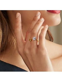 Bague ouverte en acier inoxydable doré avec perle artificielle et boule minimaliste