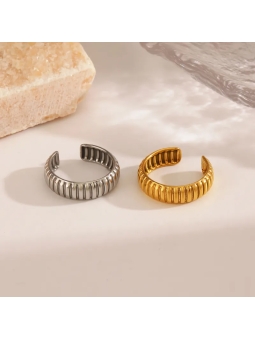 Bague Anneau ouvert côtelé en acier inoxydable doré et argenté