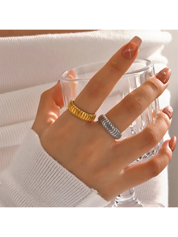 Bague Anneau ouvert côtelé en acier inoxydable doré et argenté