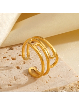 Bague ouverte en acier inoxydable design lignes fluides dorées