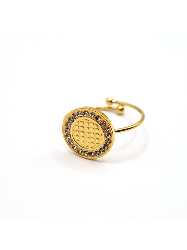 Bague ouverte dorée ornée de strass scintillants et motif gravé