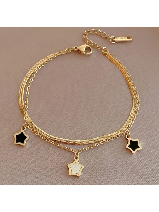 Bracelet double chaîne étoilé en acier inoxydable