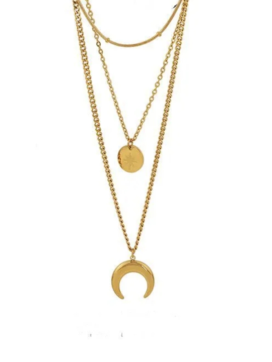 Collier multi-rangs avec pendentifs croissant de lune et disque - Plaqué or 18 carats