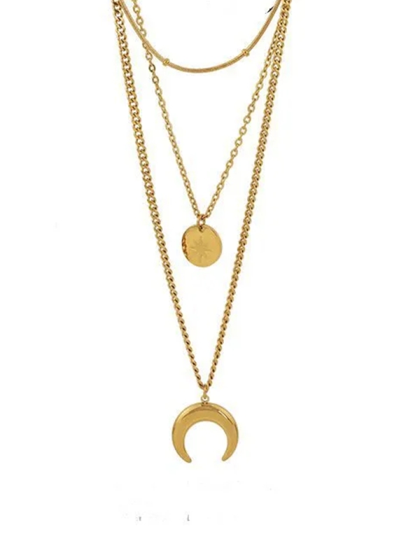 Collier multi-rangs avec pendentifs croissant de lune et disque - Plaqué or 18 carats