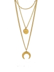 Collier multi-rangs avec pendentifs croissant de lune et disque - Plaqué or 18 carats