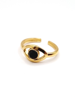 Bague ajustable en acier inoxydable doré - Œil protecteur avec pierre noire