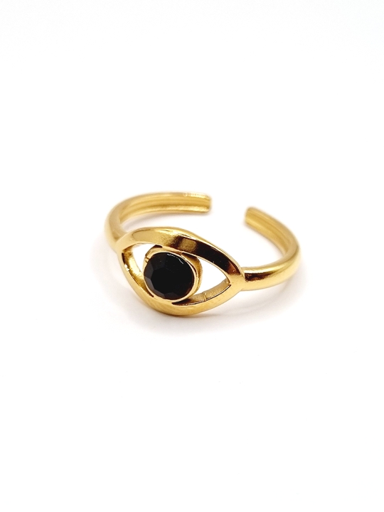 Bague ajustable en acier inoxydable doré - Œil protecteur avec pierre noire