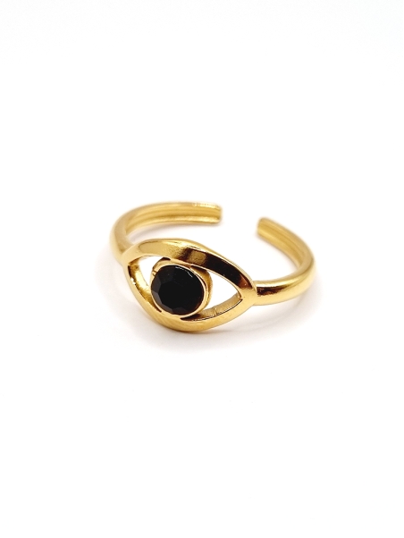 Bague ajustable en acier inoxydable doré - Œil protecteur avec pierre noire