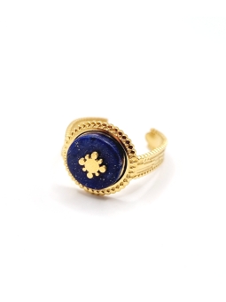 Bague ajustable en acier inoxydable doré avec pierre bleue et motif étoile