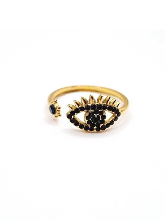Bague œil protecteur en acier inoxydable doré avec pierres noires
