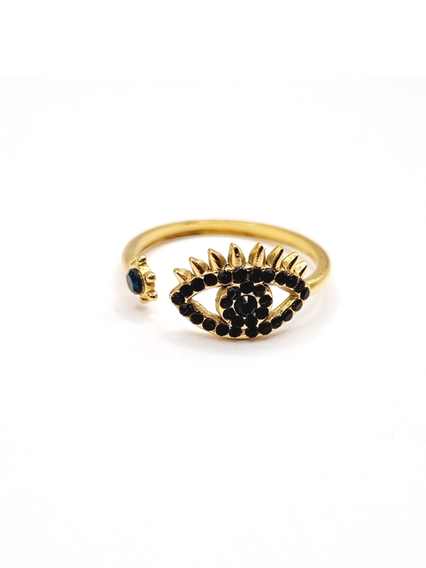 Bague œil protecteur en acier inoxydable doré avec pierres noires