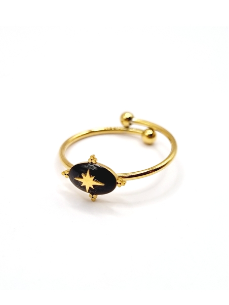 Bague étoile du Nord en acier inoxydable doré et pierre noire