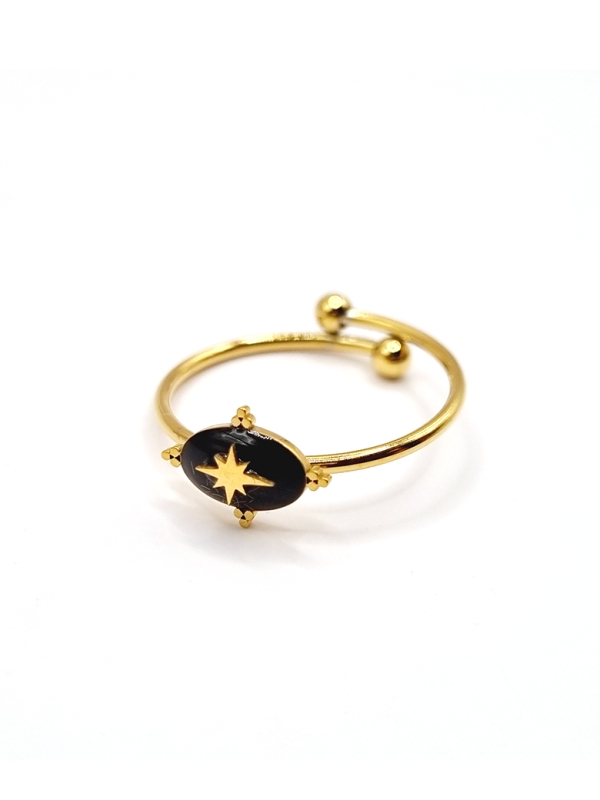 Bague étoile du Nord en acier inoxydable doré et pierre noire