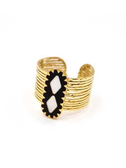 Bague ajustable en acier inoxydable doré à motifs graphiques noirs et blancs