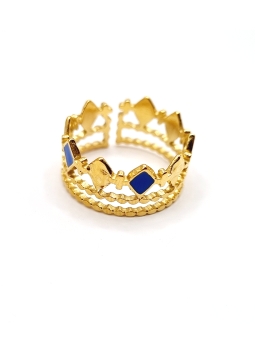 Bague couronne ajourée en acier inoxydable doré avec détails bleus