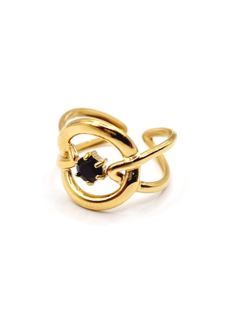 Bague nœud en acier inoxydable doré avec pierre noire