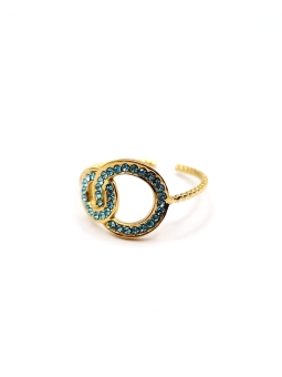 Bague double anneaux en acier inoxydable doré avec zirconium bleu