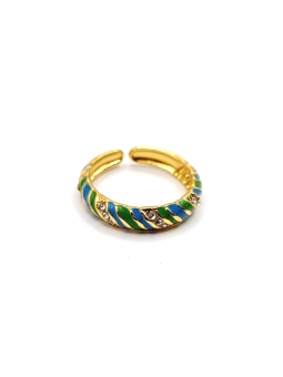 Bague en acier inoxydable doré avec motifs émaillés bleu et vert et cristaux scintillants