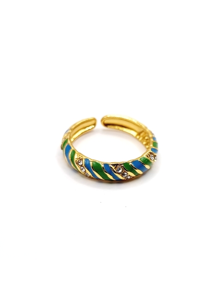 Bague en acier inoxydable doré avec motifs émaillés bleu et vert et cristaux scintillants
